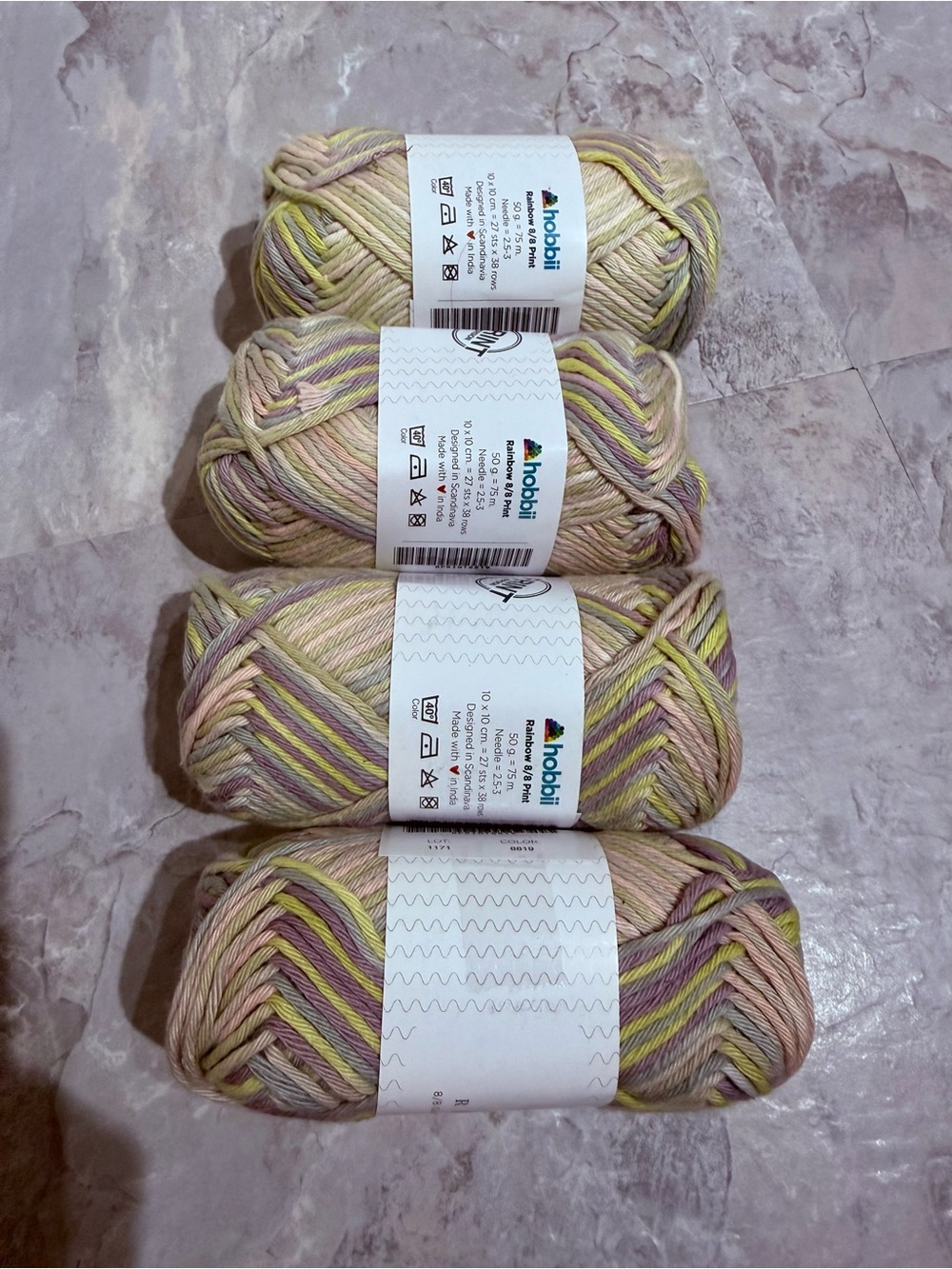 Hobbii Rainbow Cotton 8/8 Print Yarn Lot - 4 Skeins Same Dye Lot 1171 Color 8819
